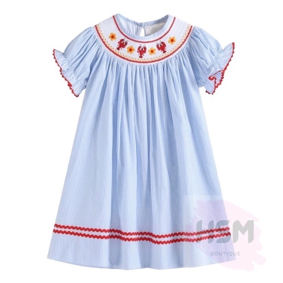 🦞Smocked Pinstriped Crawfish Bishop Embroidery Blue Dress 1522 - Picture 1 of 4